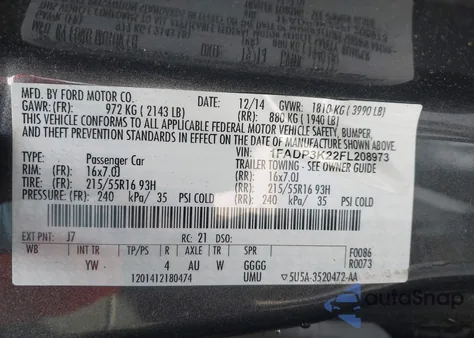 2015 Ford Focus Se z USA, uszkodzony, nr VIN 1FADP3K22FL208973